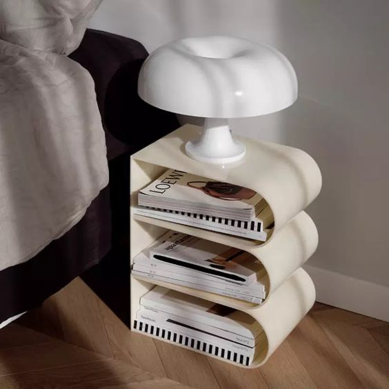 bedsite table white funky with mushroom lamp