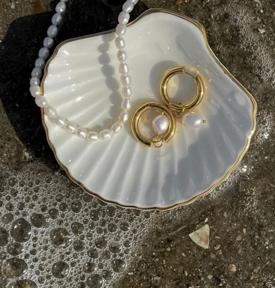 seashell with gold pearl earings and pearl necklace