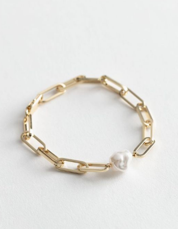 gold link bracelet with pearl